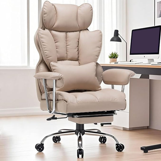 Efomao Big and Tall Office Chair 400lbs – PU Leather Executive Office Chair with Lumbar Support & Leg Rest, Heavy-Duty Computer Chair for Home Office, Dark Beige-DeskLoop Office