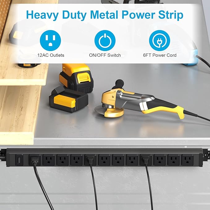 HHSOET 360° Rotating 12 Outlet Mountable Power Strip, Metal Gaming Table Mounted Outlet Strip, Heavy Duty Wall Mount Surge Protector with Switch, Works Great and Very Versatile, 6ft Power Cord.Black-DeskLoop Office
