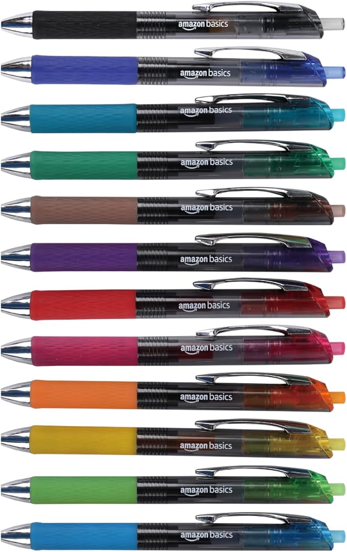 Amazon Basics Gel Pens Fine Point Smooth Writing Pens, Retractable, Assorted, 0.7mm, 12 Pack-DeskLoop Office