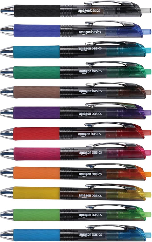 Amazon Basics Gel Pens Fine Point Smooth Writing Pens, Retractable, Assorted, 0.7mm, 12 Pack-DeskLoop Office