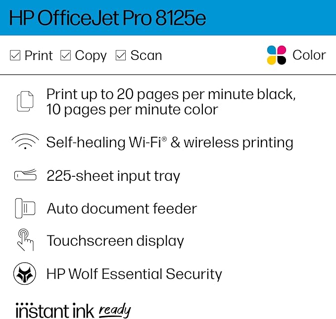 HP OfficeJet Pro 8125e Wireless All-in-One Color Inkjet Printer, Print, scan, Copy, ADF, Duplex Printing, Home & Office, 3 Months of Instant Ink Included (405T6A)-DeskLoop Office