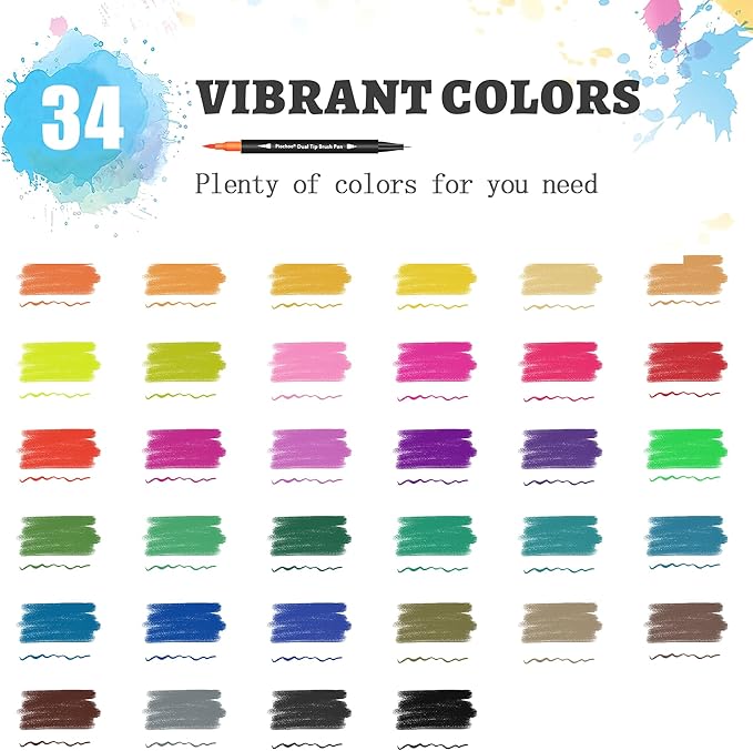 Coloring Markers Pens, 34 Dual Tip Brush Pens, Fine Point Marker set for Kids Adult Coloring Book, Bullet Journaling, Drawing-DeskLoop Office