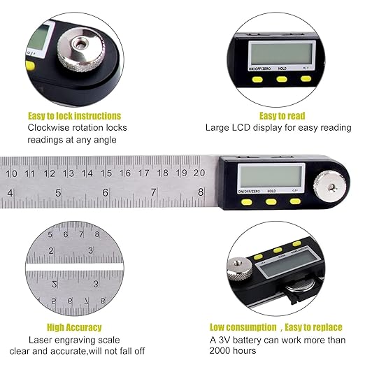 Delgada 8 inch/200mm Digital Angle Finder Ruler - Stainless Steel Protractor for Woodworking and Construction - Battery Included-DeskLoop Office