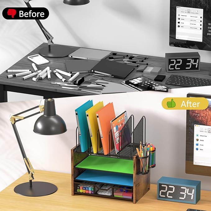 4-Tier Mesh Desk Organizer, Wooden Desk File Organizer with 5 Vertical File Holders and 2 Pen Holders, Desktop Organizers and Accessories with Drawer for Home Office-DeskLoop Office
