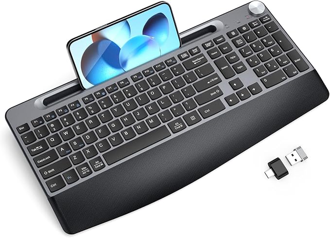 JOYACCESS Ergonomic Wireless Keyboard with Wrist Rest, Low-Profile,Phone Holder,2.4GHz Full Size Silent Cordless USB Computer Keyboard for Windows, Mac OS Desktop/Laptop/PC-Black Grey-DeskLoop Office