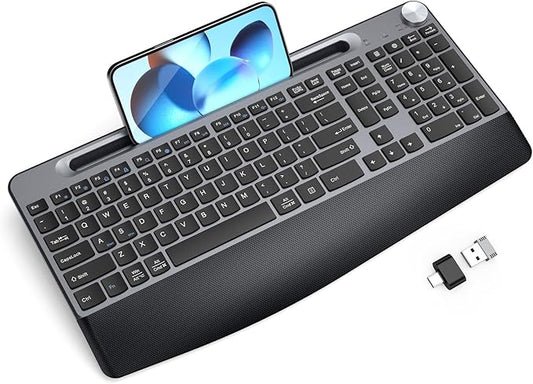 JOYACCESS Ergonomic Wireless Keyboard with Wrist Rest, Low-Profile,Phone Holder,2.4GHz Full Size Silent Cordless USB Computer Keyboard for Windows, Mac OS Desktop/Laptop/PC-Black Grey-DeskLoop Office