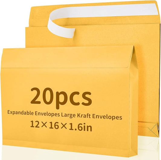 20 Pcs 12 x 16 x 1.6 Inch Large Expandable Catalog Envelopes Manilla Kraft Peel and Seal Envelopes Light Large Mailing for Office Home Documents Magazines Photos Storage Organizing (Yellow)-DeskLoop Office