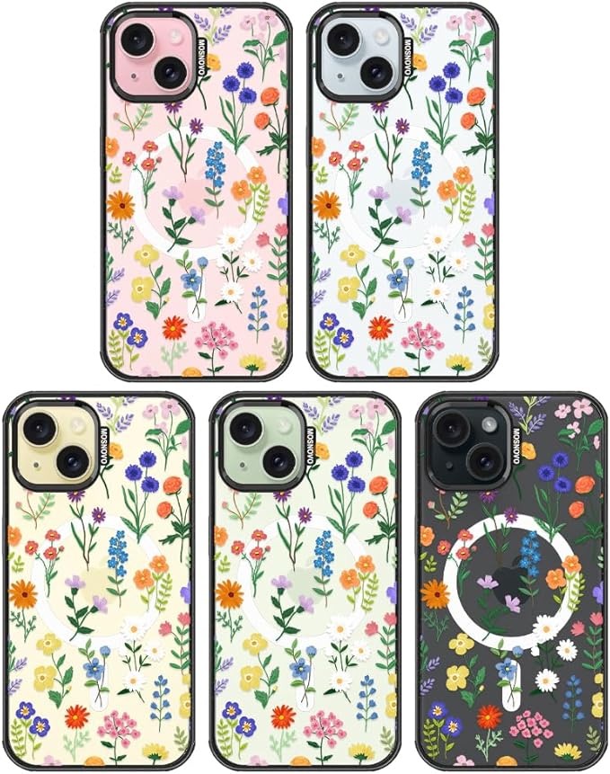 MOSNOVO Magnetic Case for iPhone 15 Plus, 10ft Military-Grade Protection, Compatible with Magsafe, Shockproof Phone Case for iPhone 15 Plus / 14 Plus - Botanical Floral - Clear Black-DeskLoop Office