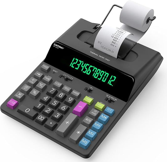 CATIGA 12 Digit Thermal Printing Calculator with Tape Print Out, Ink-Free Adding Machine, 5X Faster Quite at 8.0 LPS, Extra Large Fluorescent Display, Tax Calculation with Clock and Calendar, SP-2401-DeskLoop Office
