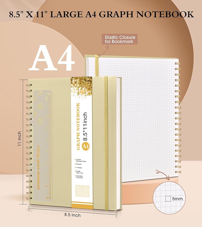 Graph Paper Notebook, Spiral Notebook Journal 8.5” x 11”, A4 Large Grid Notebooks for Women Men, 100 GSM Graph Paper, Plastic Hardcover Spiral Graphing Journals for Work School Engineerin, Yellow-DeskLoop Office