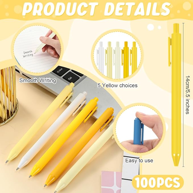 100 Pcs Ballpoint Pens Bulk Retractable Writing 1. 0 mm Black Ink Cute Pens Smooth Writing Color Fancy Gift for Teacher Student Employee Office School Home Baby Shower Supplies (Yellow Series)-DeskLoop Office