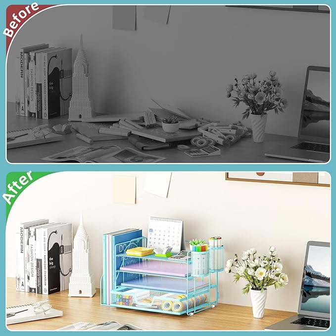 Marbrasse Desk Organizer and Accessories,4-Tier Paper Letter Tray Organizer with File Holder, Desk Accessories & Workspace Organizers with Drawer and 2 Pen Holder (Blue, 15.4" x 9.1" x 8.3")-DeskLoop Office
