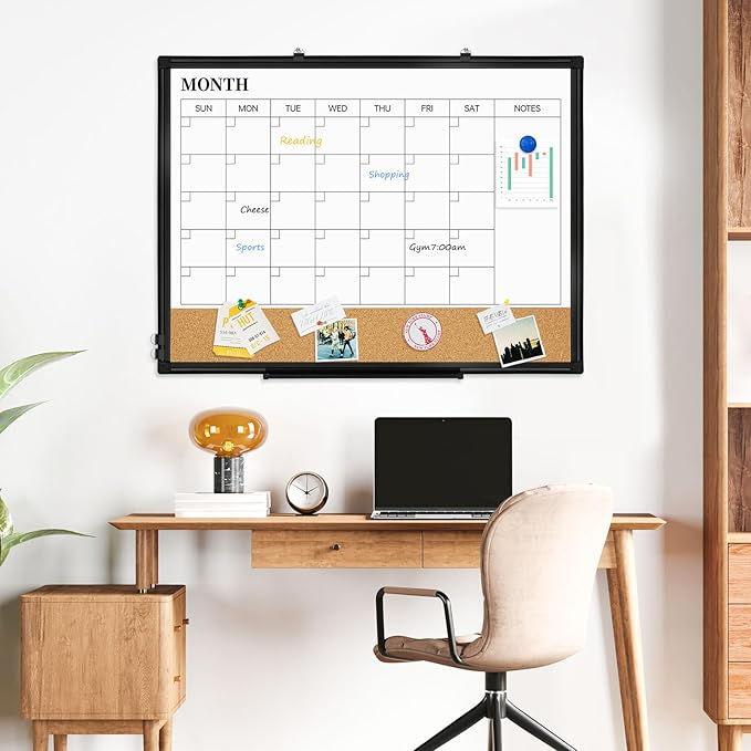 Large Dry Erase Calendar for Wall, 36"x24" Double-Sided Magnetic Whiteboard Calendar with Cork Board, Black Aluminum Frame Monthly White Board Memo Message Board for Office, Home, School-DeskLoop Office