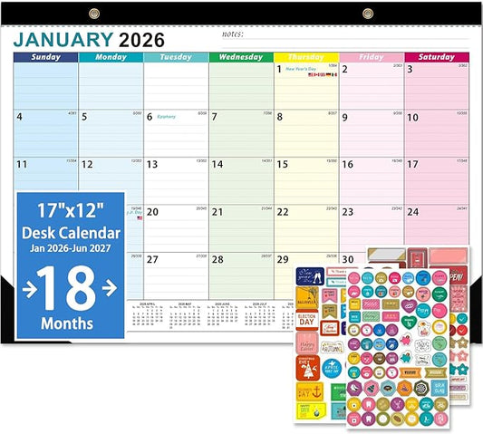 2026 Desk Calendar - 18 Monthly Calendar 2026-2027, Jan 2026 - Jun 2027, 17" x 12", Large Desk Calendar 2026-2027 with Thick Paper, Large Blocks, Stickers, Home or Office Calendar for Easy Organizing-DeskLoop Office