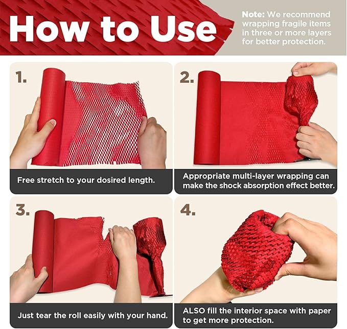 Honeycomb Packing Paper, 12"x50' Red | Perforated Honeycomb Packing Paper Recyclable Moving Supplies for Shipping & Moving | Plastic-Free Alternative to Bubble Cushion Wrap with 36 Fragile Stickers-DeskLoop Office