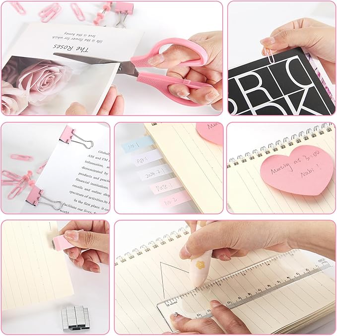 Office Desk Accessories, Pink Office Supplies Set Desk Accessories for Women, Cute Office Supplies with Stapler, Mini Stapler, Staple Remover, Tape, Clips, Scissor and Tabs, Stationary Set for Student-DeskLoop Office