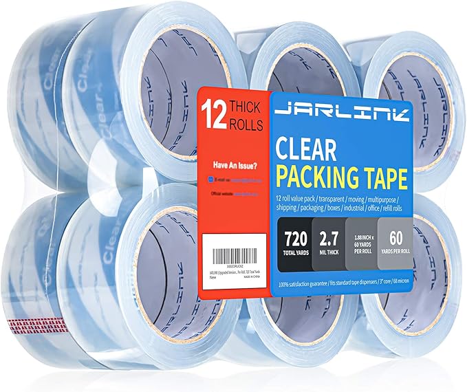 JARLINK Clearer Packing Tape 12 Rolls, Heavy Duty Packaging Tape for Shipping Packaging Moving Sealing, 2.7mil Thick, 1.88 inches Wide, 60 Yards Per Roll, 720 Total Yards-DeskLoop Office
