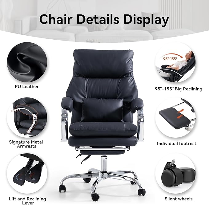 LEAGOO Reclining Office Chair with Foot Rest, Executive Office Chairs with Arms, Ergonomic High Back PU Leather Comfy Swivel Computer Desk Chairs with Wheels and Lumbar Support for Home Office, Black-DeskLoop Office