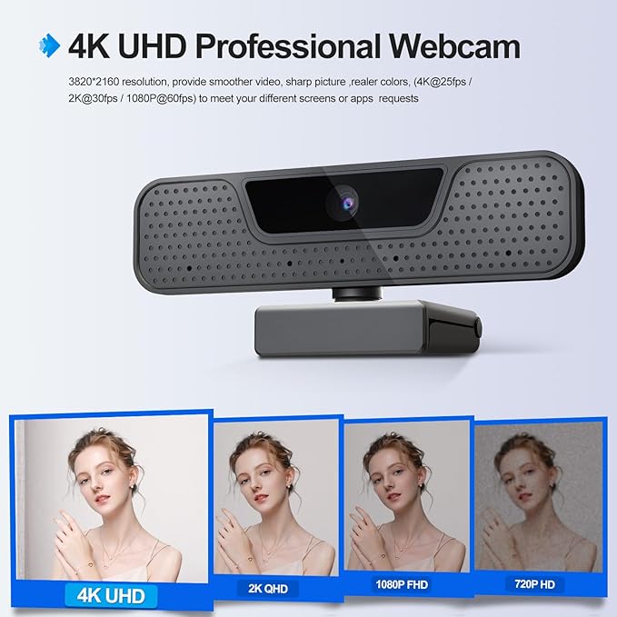 4K Auto Focus Webcam for PC, 4 AI Noise-Canceling Mics UHD Web cam, Auto Light Correction, 85°FOV Computer Web Camera, USB C Plug&Play Webcam with Tripod & Privacy Cover Works w/Zoom/Skype/Google-DeskLoop Office