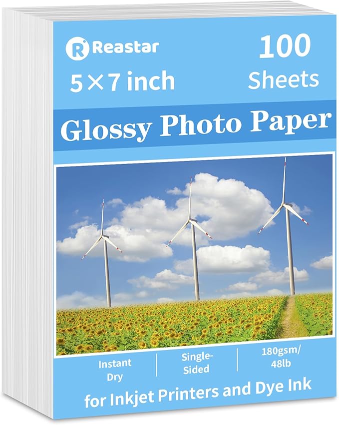 Photo Paper 5 x 7inches, 100 Sheets Glossy Photo Printer Paper, Instant Dry Picture Paper for DIY Chip Bag, Flyers, Cards, Calendars and Brochures(180gsm/48lb)-DeskLoop Office