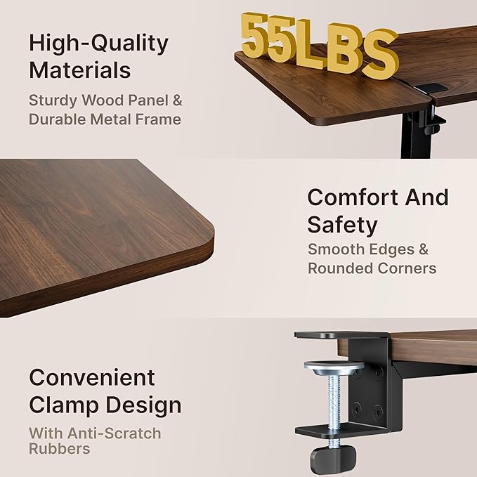 Desk Extender Tray, 24" x 12" Clamp On Desk Shelf, Desk Extension with Storage Drawer, Table Desk Arm Rest, Clamp On Keyboard Tray for Office and Home, Workstation Organizer, Medium, Walnut-DeskLoop Office