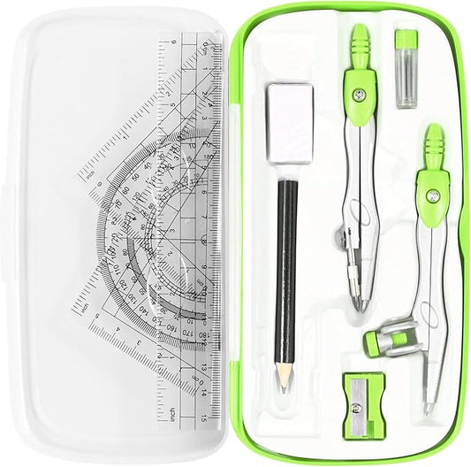 Math Geometry Kit Sets 10 Piece Student Supplies with Shatterproof Storage Box,Includes Rulers,Protractor,Compass,Eraser,Pencil Sharpener,Lead Refills,Pencil,for Drafting(Green)-DeskLoop Office