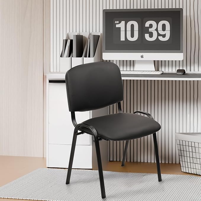 CLATINA Stacking Waiting Room Chairs, PU Leather Armless Office Guest Chair with Metal Frames, Stackable Conference Room Chairs No Wheels for Reception Lobby Side Meeting Training School, Black-DeskLoop Office