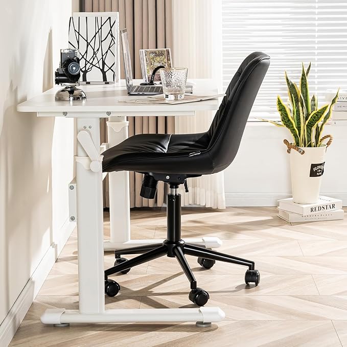 Kidol & Shellder Faux Leather Office Chair, Adjustable Swivel Height Task Chair, Rolling Wheels & Soft Backrest - Armless Ergonomic Desk Chair for Home, Office,Vanity,Gaming(Black)-DeskLoop Office