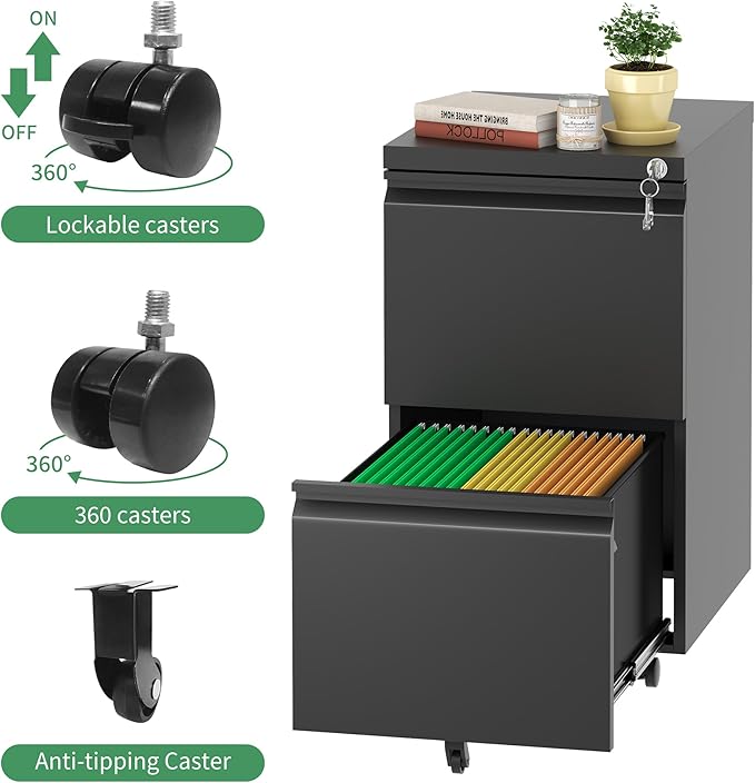 2 Drawer Mobile File Cabinet, Filing Cabinet Home Office for Letter, Legal Size, Fully Assembled Under Desk File Cabinet, Blac-DeskLoop Office