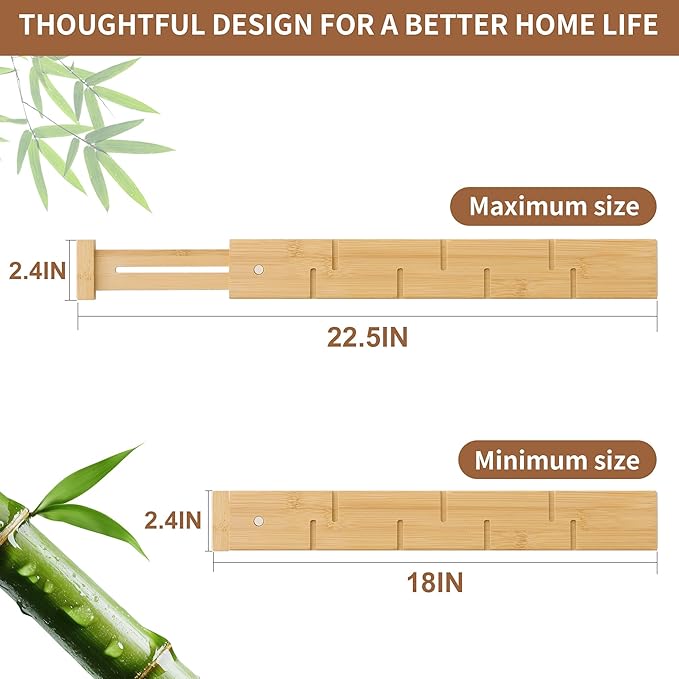 Bamboo Drawer Dividers with Inserts kitchen drawer organizer Adjustable Expandable 8 Pack Organizer Set for Kitchen Bedroom Bathroom Office 8 Dividers with 16 Inserts (Natural, Large (18-22.5IN))-DeskLoop Office