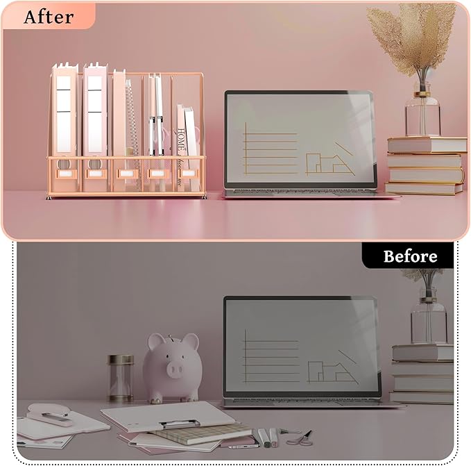 SUPEASY Desk Organizers Metal Desk Magazine File Holder with 5 Vertical Compartments Rack File Organizer for Office Desktop, Home Workspace, Rose Gold, Plus-DeskLoop Office