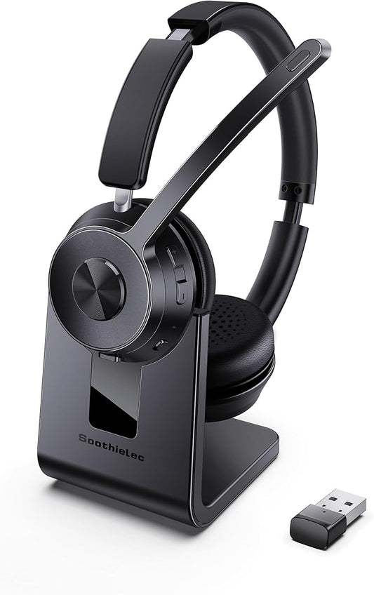 (Upgraded Version) Wireless Headset, Bluetooth Headset with Noise Cancelling Microphone, Best Headphones with Mic Mute & USB Dongle for PC/Computer/Laptop/Cell Phones/Remote Work/Call Center-DeskLoop Office