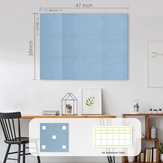 Large Cork Board for Office Wall Decor,48"x36"-12 Pack Felt Wall Tiles with 35 Push Pins, Thicker 0.47in, Felt Bulletin Board Pin Board Cork Boards for Walls - Light Blue-DeskLoop Office