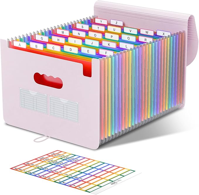 ABC life 26 Pockets Accordian File Organizer Expanding File Folders, Portable Letter A4 Size Filing Box,Plastic Monthly Receipt Document Organizer with Colored Tabs (Pinkish Purple)-DeskLoop Office