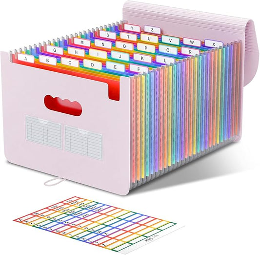 ABC life 26 Pockets Accordian File Organizer Expanding File Folders, Portable Letter A4 Size Filing Box,Plastic Monthly Receipt Document Organizer with Colored Tabs (Pinkish Purple)-DeskLoop Office