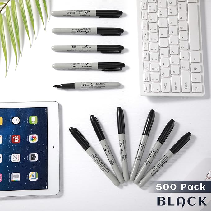 Thenshop 500 Pack Permanent Markers Bulk Black Permanent Marker Set Fine Point Pens Work on Wood, Metal, Stone, Glass-DeskLoop Office