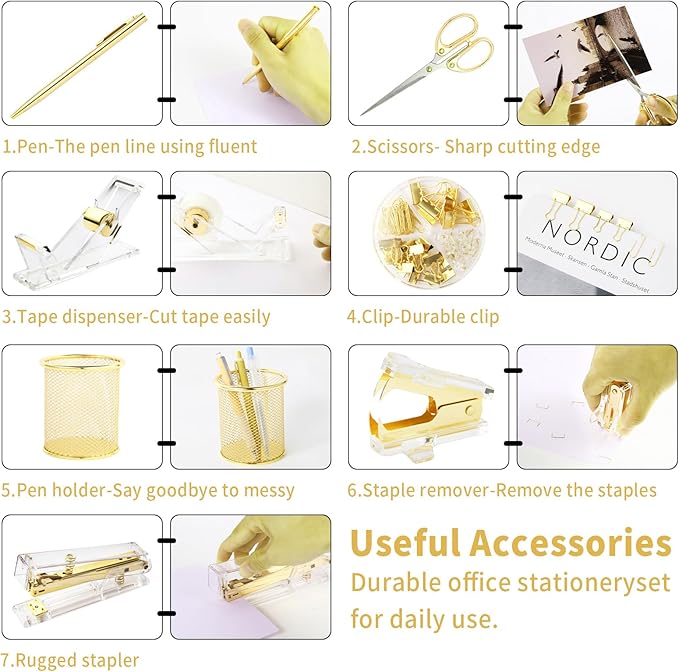 Gold Desk Accessories, Office Supplies Set with Acrylic Stapler, Tape Dispenser, Staple Remover, Pen Holder, Scissor, Binder Paper Clips, 1 Ballpoint Pen, 1 Clear Tape and 1000pcs Staples-DeskLoop Office