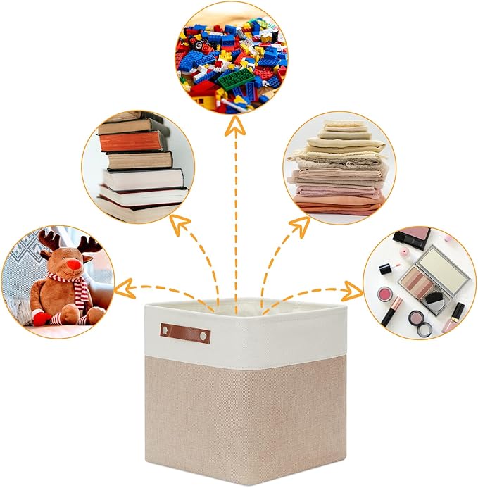 DULLEMELO Cube Storage Bins - 4 Pack Foldable Large Storage Baskets 12 inch Gifts Empty Fabric Bins for Home Office Cubes Organizer Closet, Shelves, Toy, Nursery (4 Pack - 12" White&Khaki)-DeskLoop Office