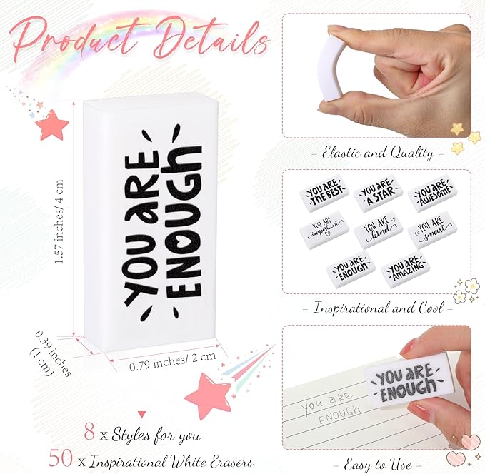 PerKoop 50 Pcs Back to School Inspirational Small Pencil Erasers Bulk for Kids, White Cute Fun Motivational Erasers Gifts for Teachers Students Classroom Reward First Day of School Supplies-DeskLoop Office