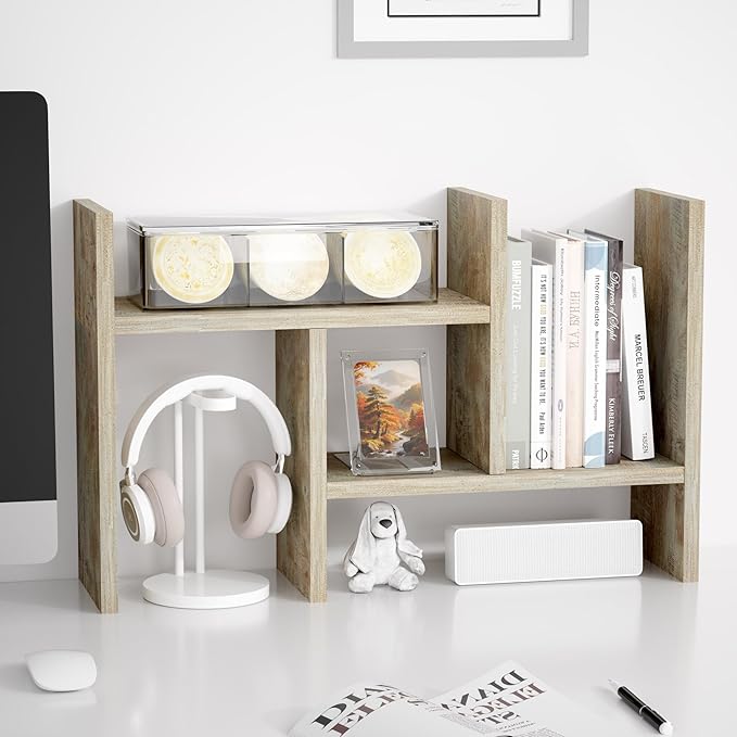 Jerry & Maggie Desktop Organizer Office Storage Rack Adjustable Wood Display Shelf Free Style Double H, Multi-Functional Mini Bookshelf for Desk Natural Stand (Gray Oak)