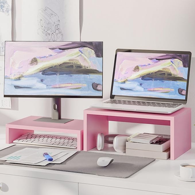 TEAMIX Pink Monitor Stand Riser-6.7 inch, Wood Higher Monitor Riser with Storage for Desk, Laptop Riser Computer PC Stand for Desktop Workspace Home Office(Pink-Higher)-DeskLoop Office