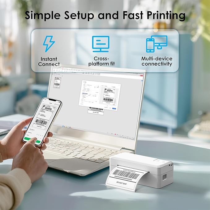 Shipping Thermal Label Printer, 4x6 Portable Label Printer, Bluetooth Label Maker for Small Business, Support iPhone,Android,Windows,Mac,Chromebook,Works with USPS, Ebay,Shopify&More, White-DeskLoop Office