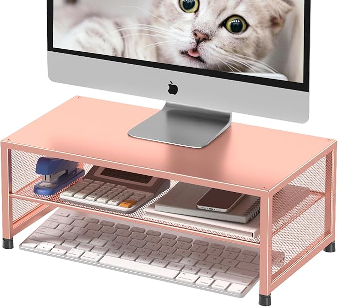 Computer Monitor Stand Riser, Desk Organizers and Accessories, Printer & Laptop Stand, Office Desk Accessories & Desktop Workspace Organizers for Office Supplies (Rose Gold)-DeskLoop Office