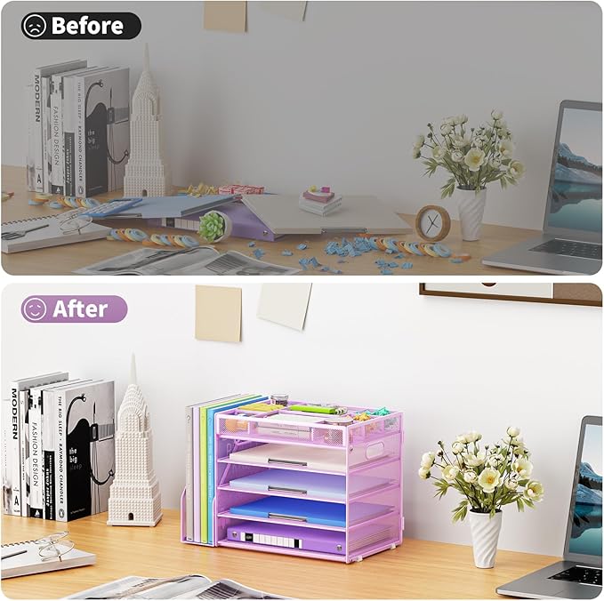Marbrasse 5-Tier Desk Organizer with File Holder,Paper Letter Tray Organizer,Desktop File Organizer with Adjustable Compartments,Mesh Desk Organizers and Accessories for Office Supplies,Purple-DeskLoop Office