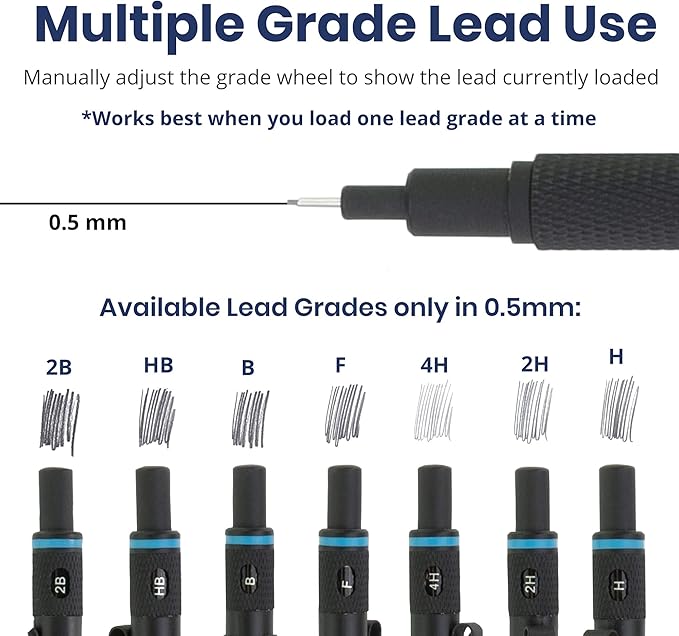 Pacific Arc Chromagraph Metal Mechanical Pencil .5 mm Black Barrel Mechanical Pencil with Built In Lead Pencil Grade Indicator, Lead Pencil Holder for Drafting, Sketching, and Drawing-DeskLoop Office