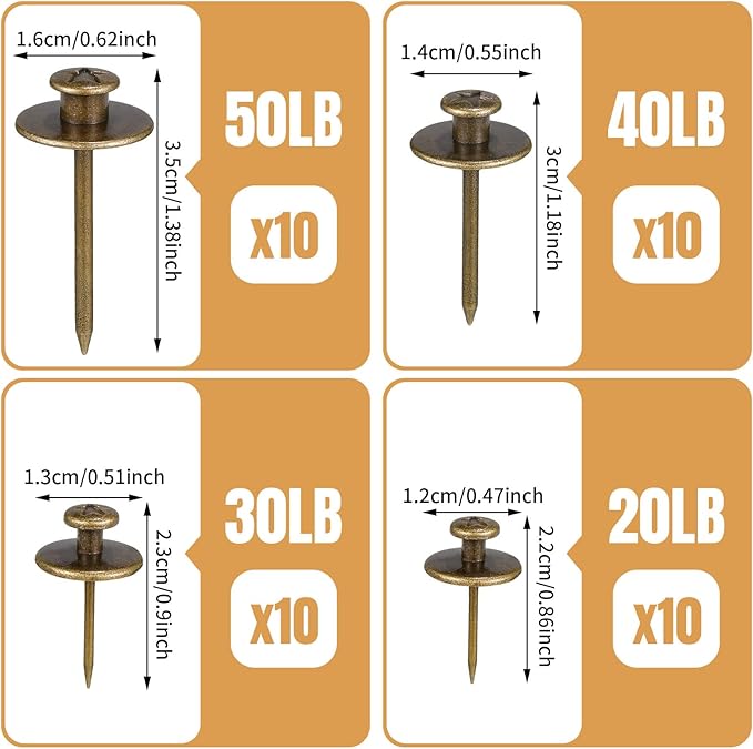 Zhengmy 40 Pcs Double Headed Picture Hangers Nails 4 Size Long Thumb Tacks Wall Nails for Hanging Pictures Decorative Push Pins Hooks for Drywall Photo Office Home Decor, 20/30/ 40/ 50lb(Bronze)-DeskLoop Office