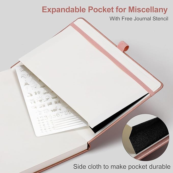 AHGXG Bullet Dotted Journal - Dot Grid Notebook Journal, 120 GSM Thick Acid-Free Paper, A5 Dotted Notebook 160 Pages, Leather Hardcover, Inner Pocket, Journal Stencil, 5.7'' × 8.3'' - Rose Gold-DeskLoop Office