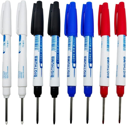 8pcs Waterproof Deep Reach Markers, Long Nose in 2mm Felt Tip, 30mm Reach Permanent Pens, Deep Hole Carpenter Ink for Builders Construction-DeskLoop Office