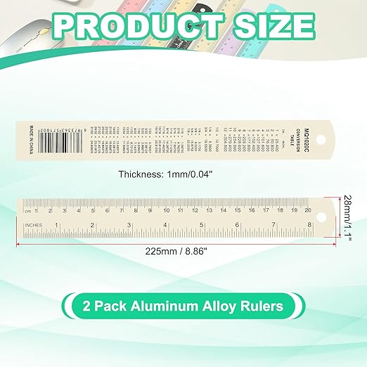 PATIKIL 20cm/8" Metal Ruler, 2 Pack Aluminum Alloy Rulers with Centimeters, Millimeters, Inches and Conversion Table Straight Edge Ruler for Writing Machinist Drafting, White-DeskLoop Office
