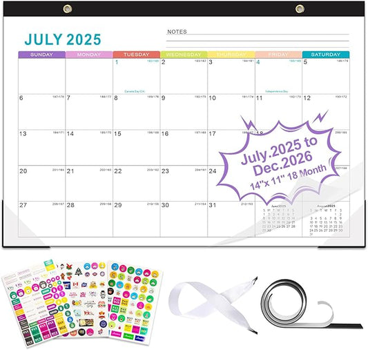 Gannyfer Calendar 2025-2026, Fridge Calendar Magnet, 18 Monthly Small Yearly Desk/Wall Calendar, July 2025 - Dec 2026, 14" x 11", with Plastic Cover Corner Protectors Hanging String, Organizers for Office, Home and School (3 Sticker)-DeskLoop Office